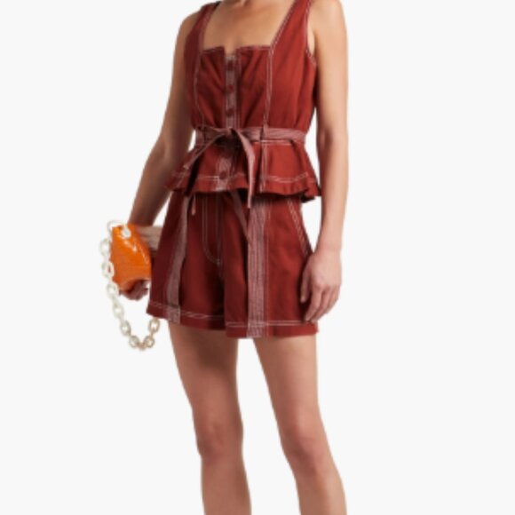 Ulla Johnson Denia Belted Topstitched Cotton-twill Peplum Top In Brick - Picture 5 of 5